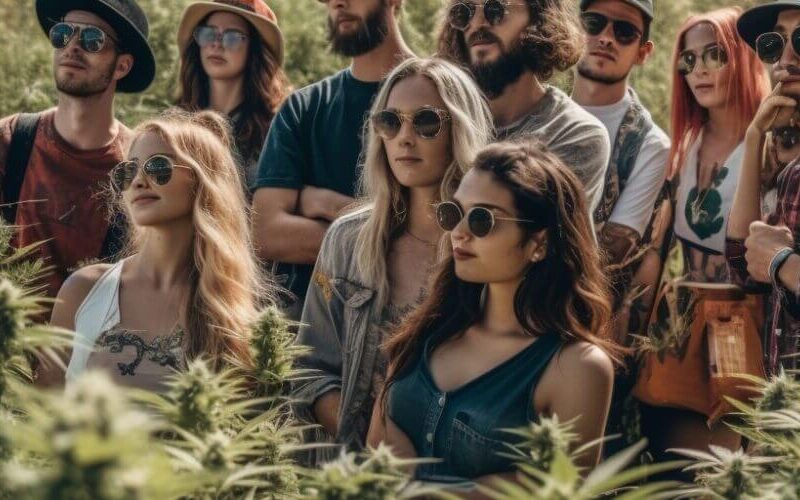 Community of cannabis users in a field of plants.